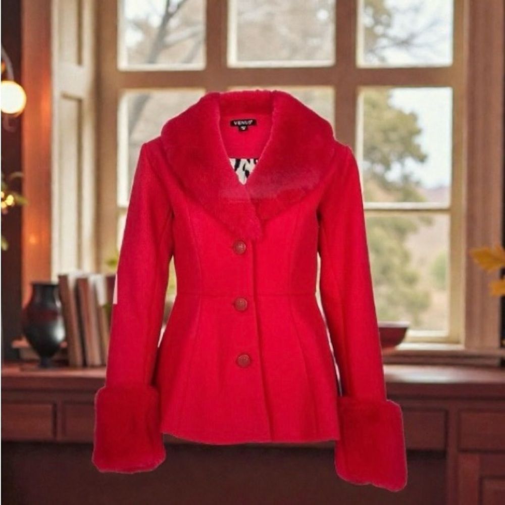 VENUS Vibrant Red Faux Fur Trimmed Jacket Coat Size Lg (12-14) Classic Like New